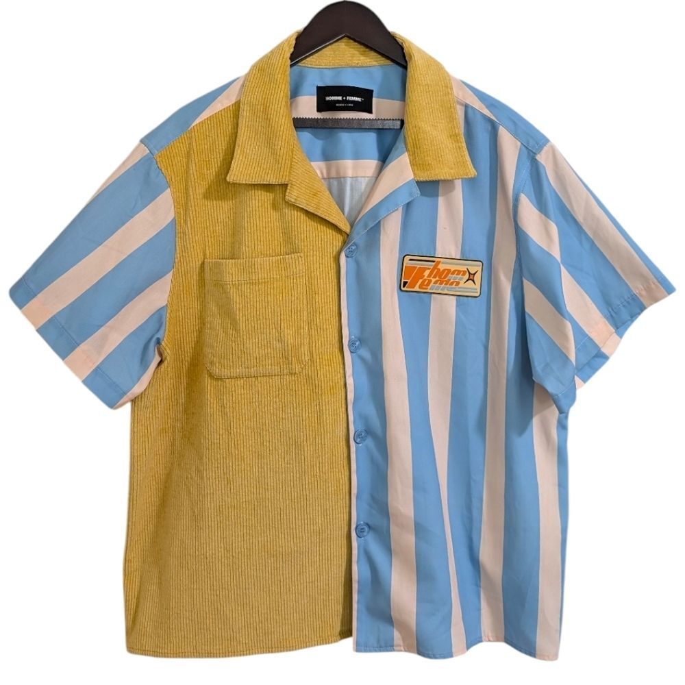 RARE Homme + Femme Retro Racing Paneled Corduroy Striped Shirt Yellow Blue XXL